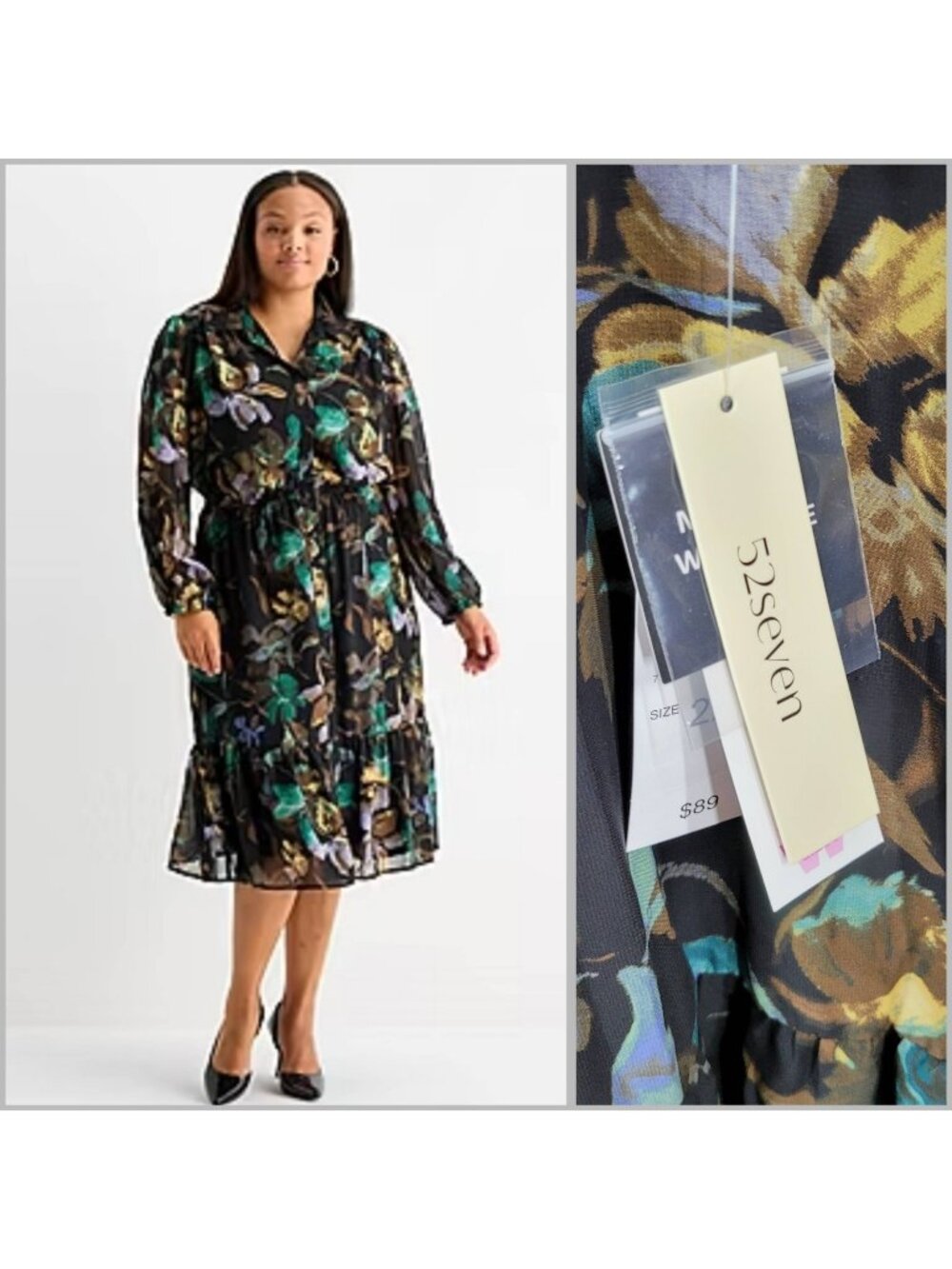 NEW 52seven Shirt Dress Plus 22W Sheer Sleeve Floral Button Up Long Midi Flowy - Picture 1 of 10
